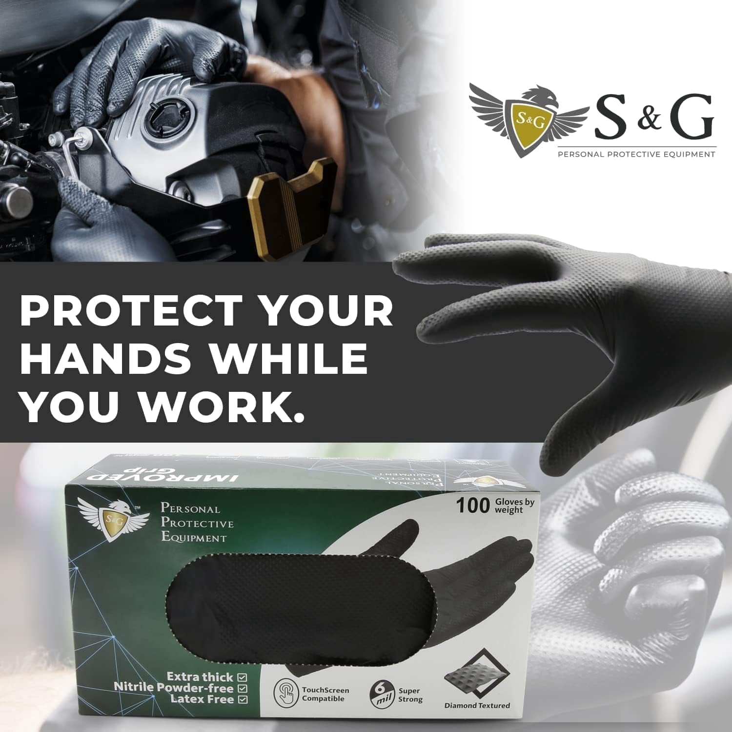 S&G Black Nitrile Gloves Heavy-Duty Latex & Powder Free - For Cleaning, Construction, Mechanic, Food Prep | 6 Mil - 1000 | XL