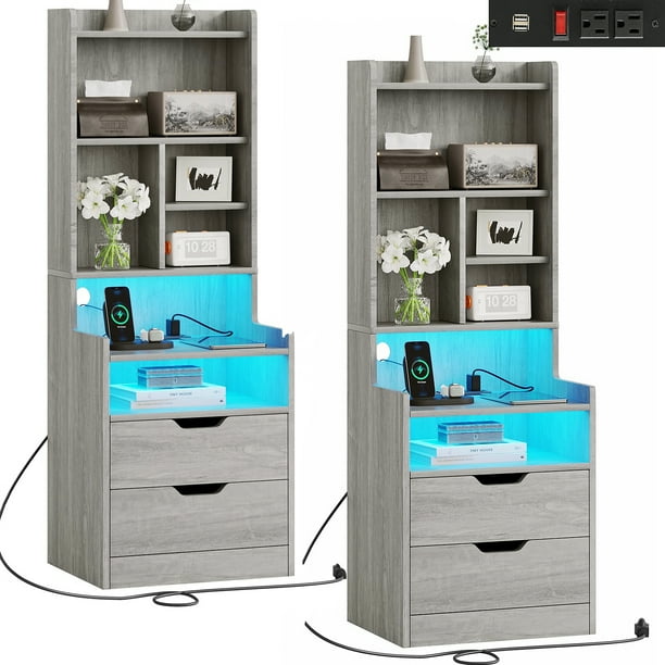 ADORNEVE Tall Night Stand with Charging Station and LED Lights, Grey