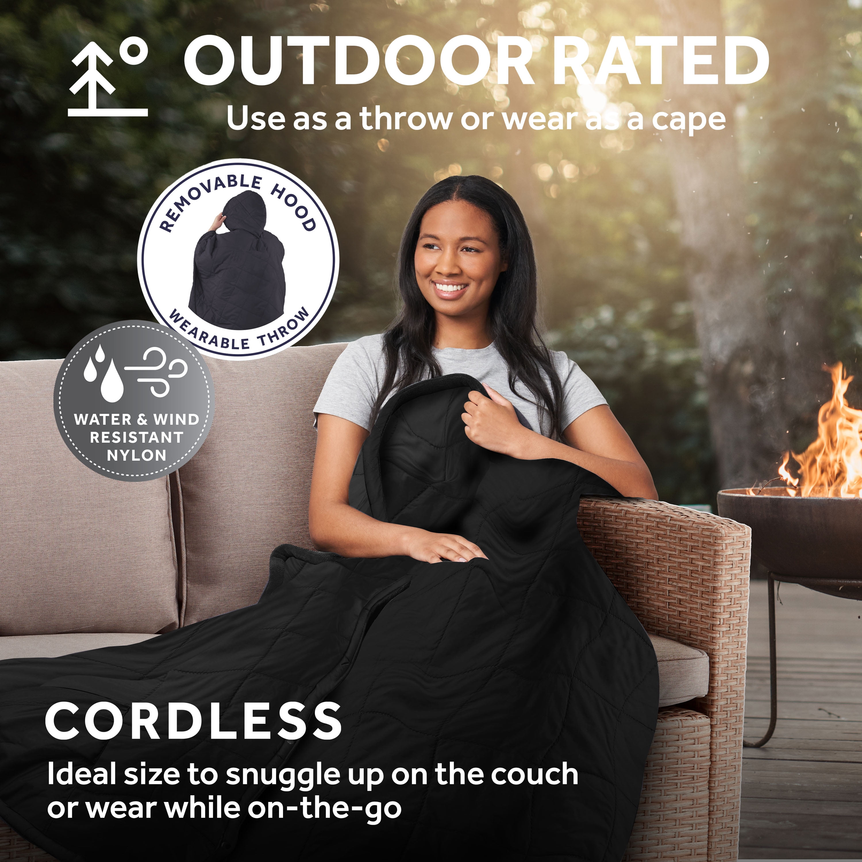 Sunbeam Cordless Rechargeable Heated Electric Wearable Throw Blanket with Hood, Black, 4 Heat Settings, 50 x 66 in