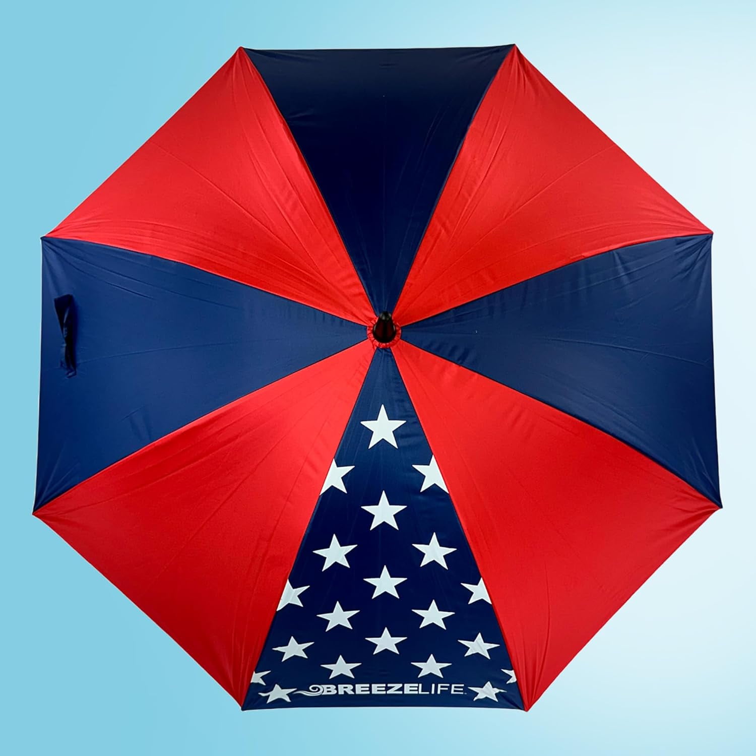 BREEZE LIFE Golf Umbrella with Fan and Mister. Portable misting and shade that blocks 99.9% of UVA and UVB rays UV sun protection and cooling at festivals, beach, and sporting events. (American Flag)