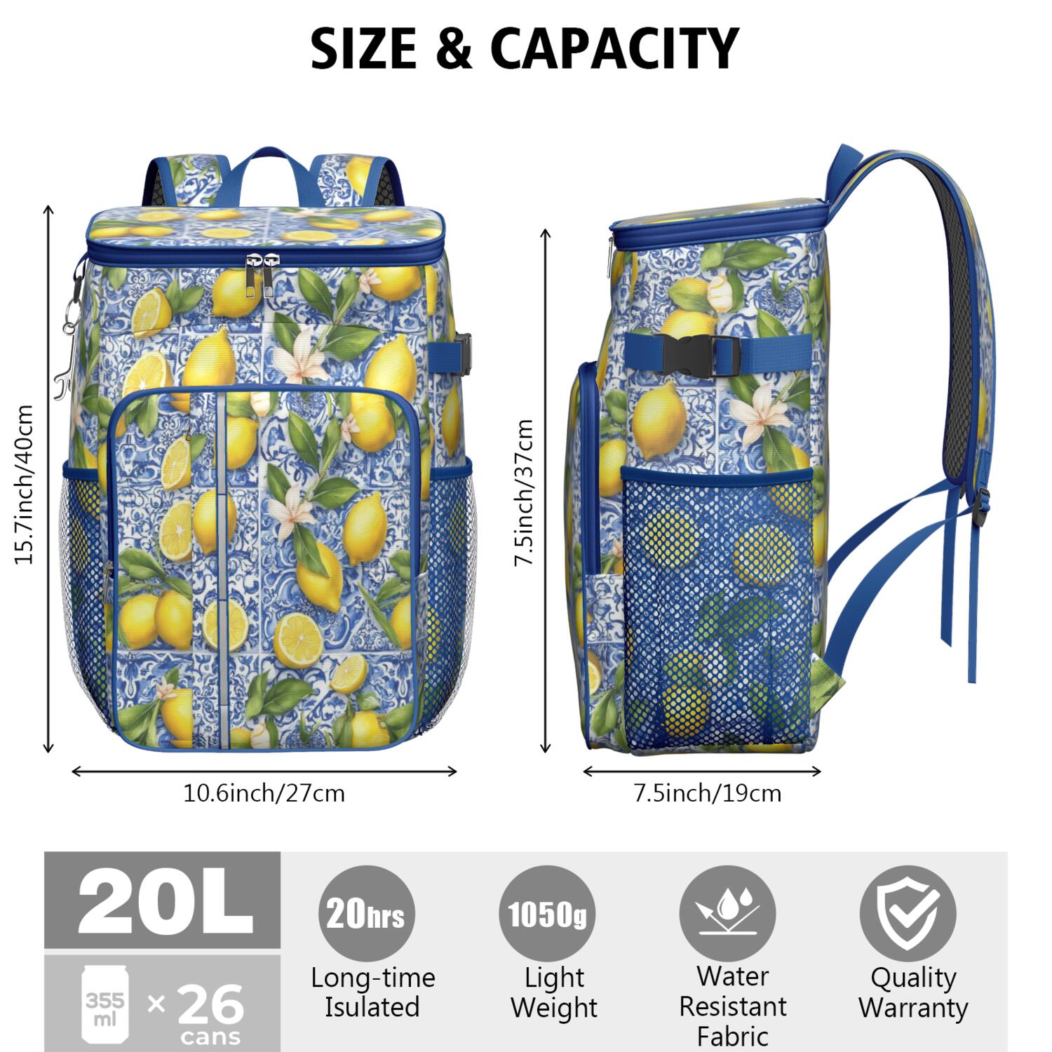 Travel Cooler Bag - Lemon Camping Beer Cooler Backpack with Bottle Opener- Waterproof Insulated Picnic Backpacks - Cooler Bag for Beach