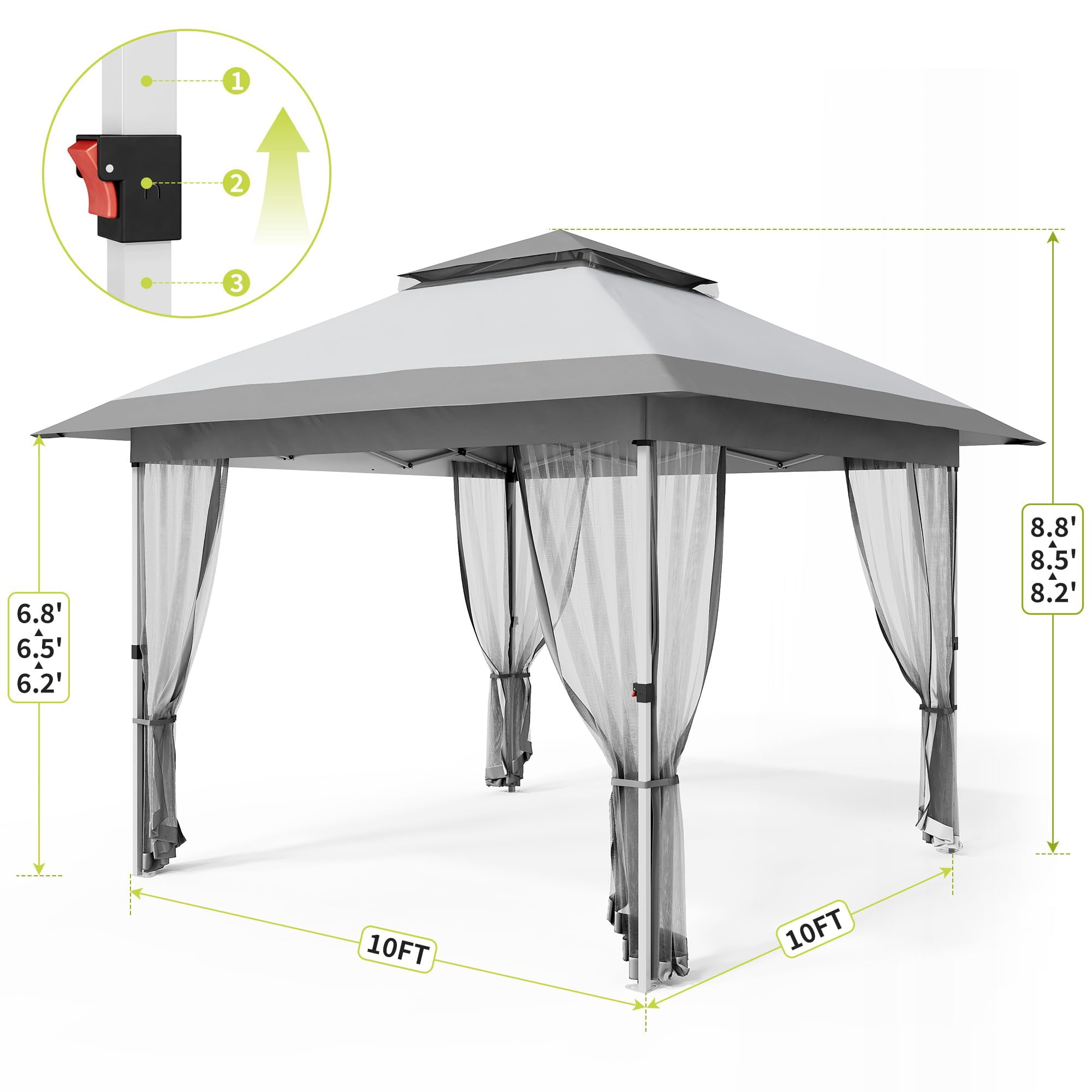 Kojooin 10x10 Pop Up Gazebo, Outdoor Canopy Tent with Mosquito Netting, Pop Up Canopy Tent with Curtains/Adjustable Height/Wheeled Carrying Bag for Patio Garden Backyard Lawn