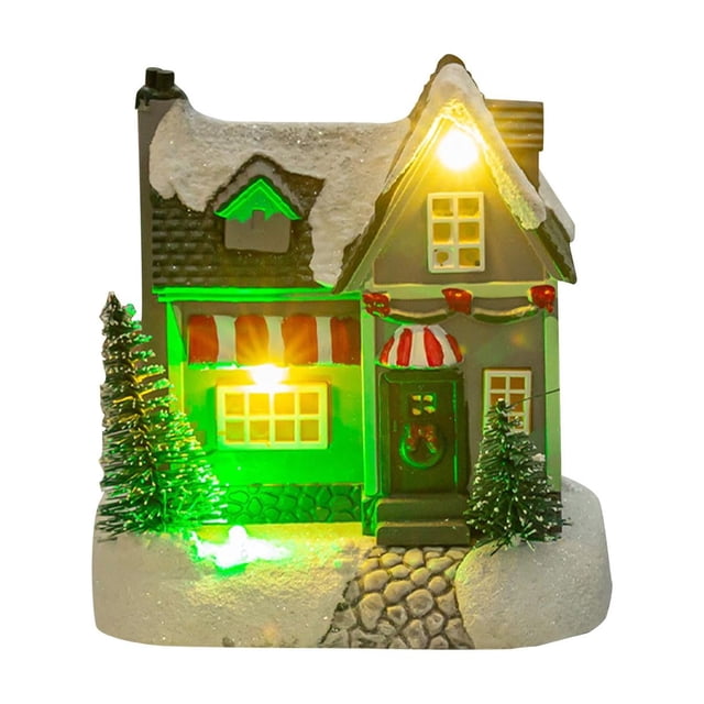 Casa de pueblo navideña iluminada, luz LED, pueblo nevado, regalo, escena navideña B