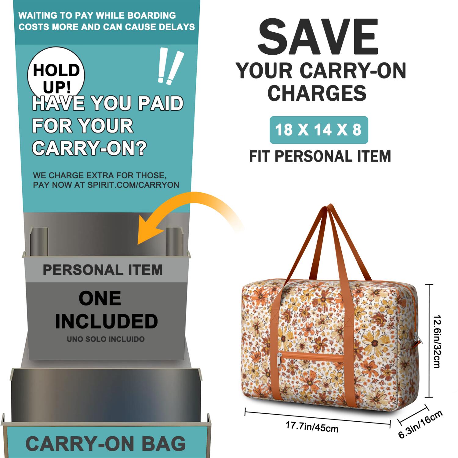 For Spirit Airlines Personal Item Bag 18x14x8 Inch, Floral Weekender Travel Bag, Foldable Travel Duffel Bag Underseat Carry on Bag with Luggage Sleeve for Women and Men 30L