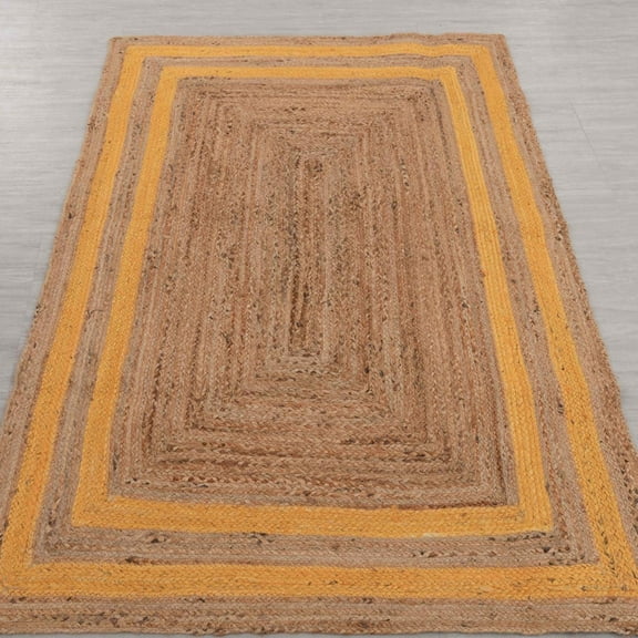 Indian Handmade Braided Natural Pure Jute with Yellow Scalloped Design Area Rugs Size 2 x 4 Feet ( 60 cm x 120 cm )