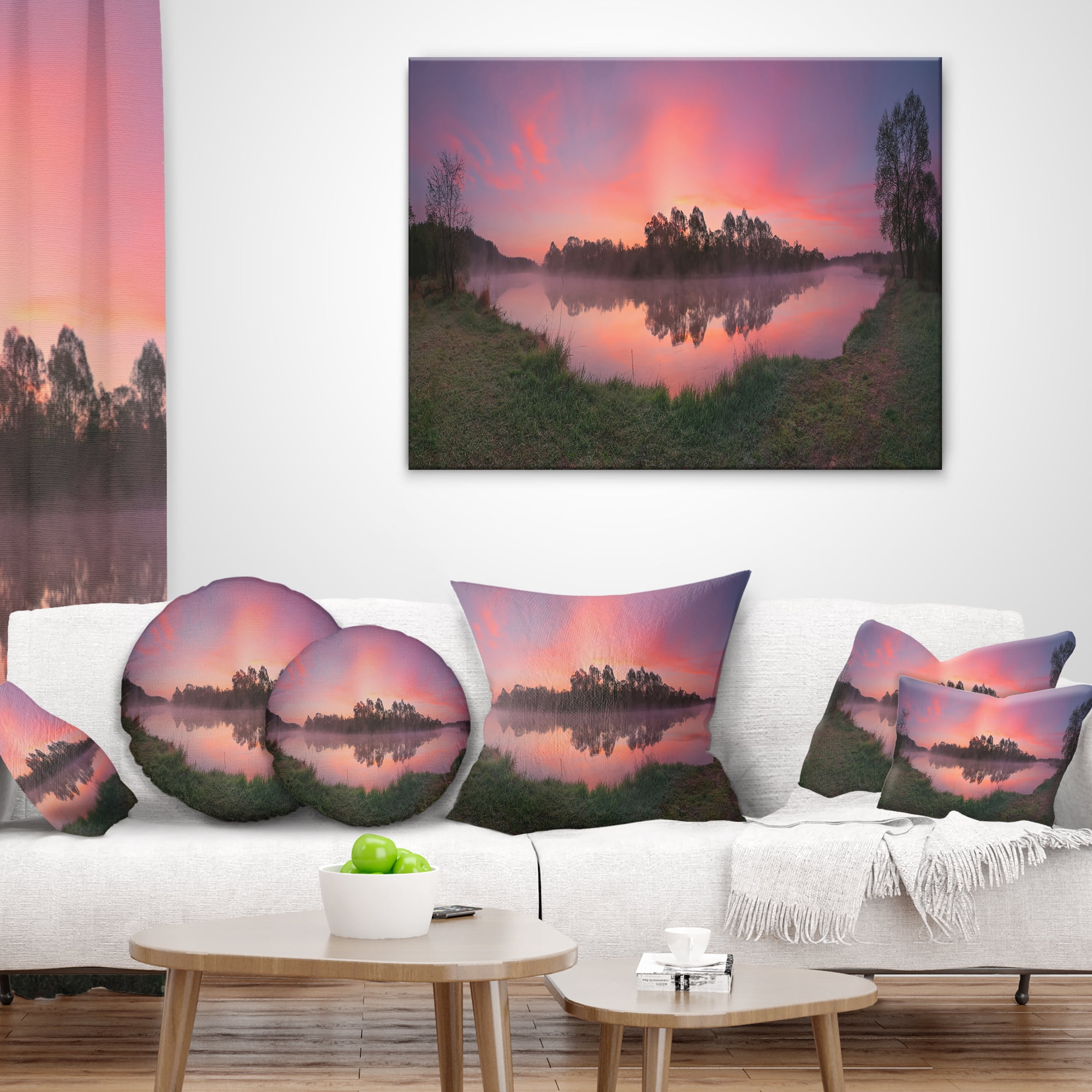 Designart Purple Tinged Lake Sunrise View - Landscape Printed Throw Pillow - 18x18