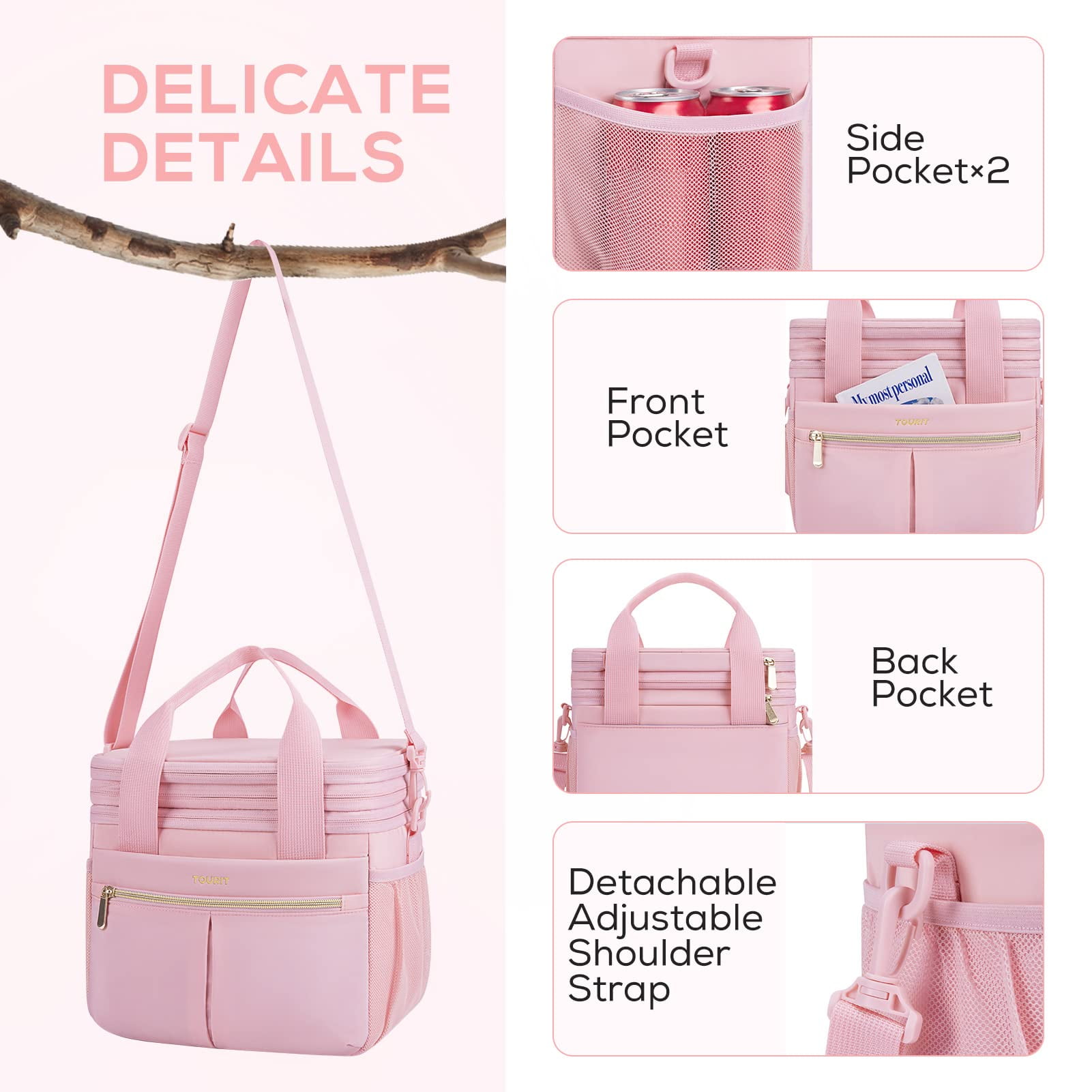 TOURIT 23 Cans Insulated Lunch Bag Expandable Reusable Lunch Box, Tote Cooler Bag with Double Deck & Leakproof Thermal for Women Men, Work School Picnic Beach, Pink