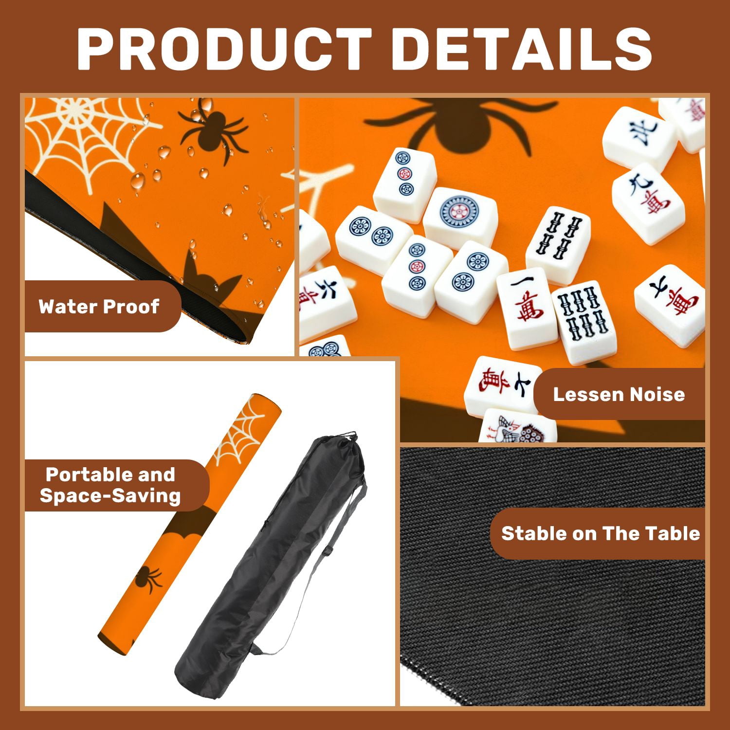 Mahjong Mat 31.5" x 31.5" Halloween seamless bats spiders web Black bat orange Cute for textile Non-Slip Noise Reduction American Mahjong Tiles Table Cover for Dominoes Poker Card Board Games Gift