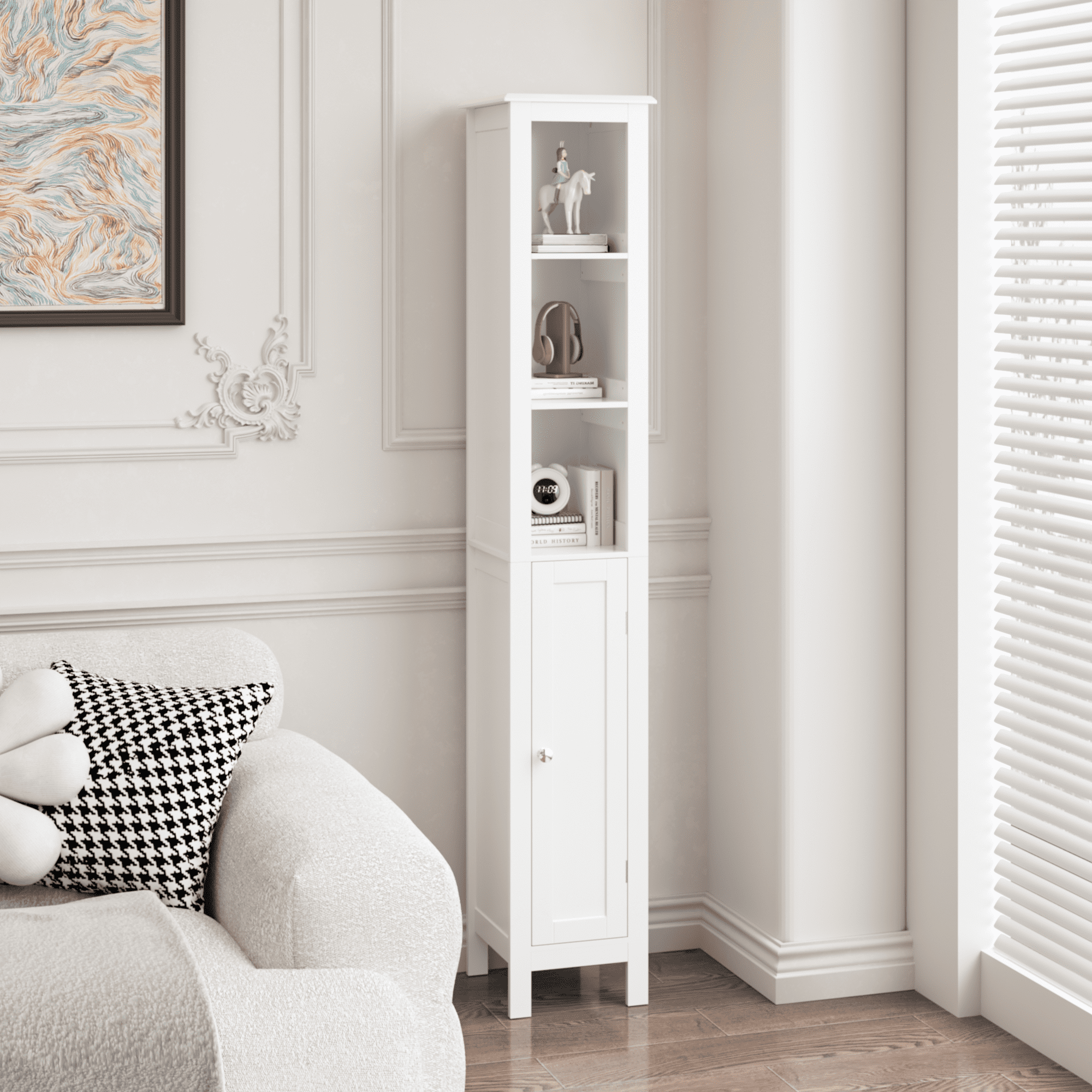 66.92" Tall Bathroom Storage Cabinet with Adjustable Shelves,Slim 1 Doors Freestanding Cabinet with Anti-Tip, Open compartments, for Home, Small Spaces, Bathroom,Kitchen, Living Room, White