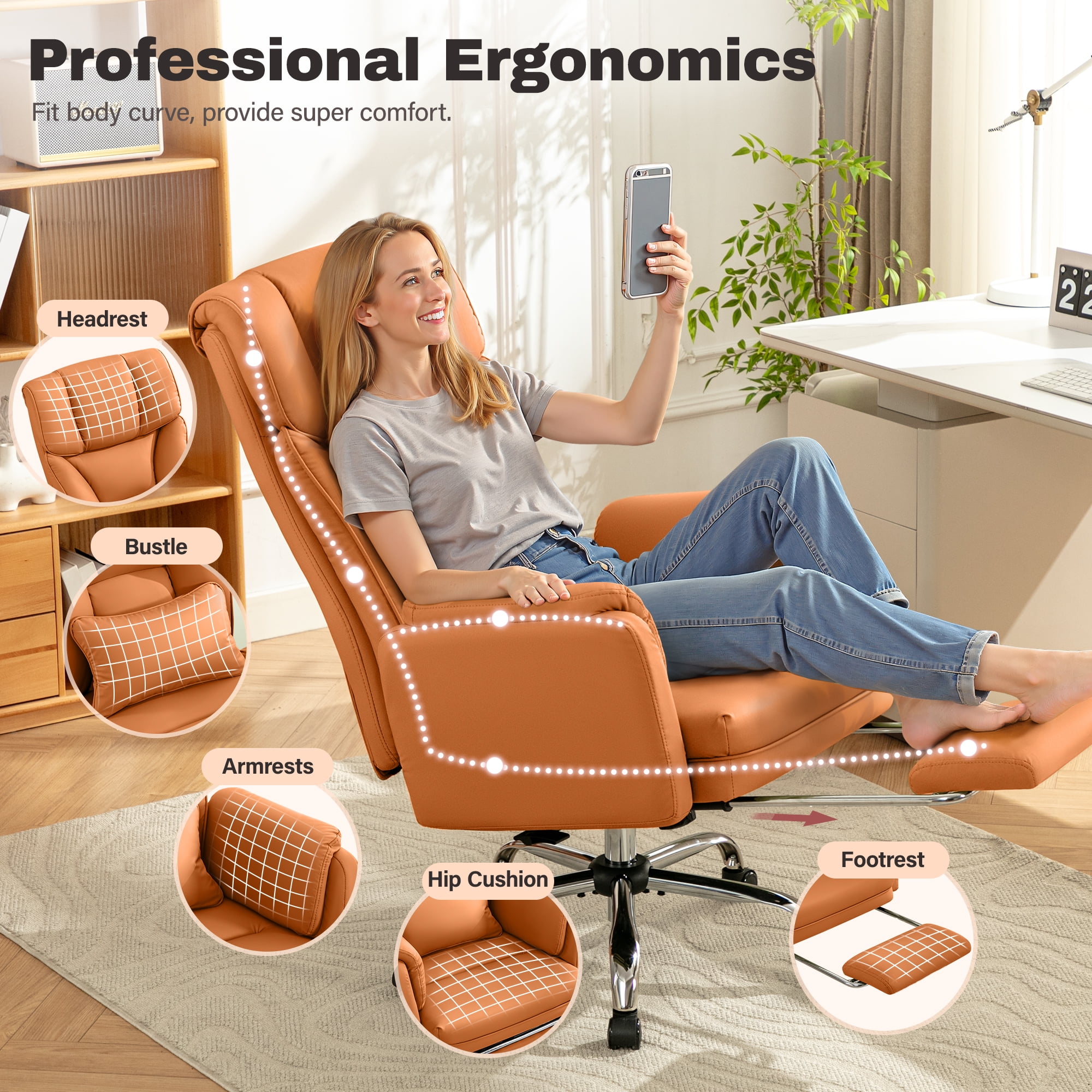 COOLHUT Big and Tall Office Chair, High Back Executive PU Leather Desk Chair with Footrest, Ergonomic Home Office Chair Computer Chair with Lumbar Support & Padded Armrest, Brown