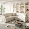 thumbnail image 2 of 85.1" L-Shaped Sofa Couch with Pull-Out Bed,Oversize Convertible Sleeper Sofa with side Pocket & USB Port,Teddy Upholstered Sectional Couches, for Living Room, Apartment, Office,Beige/White No9026, 2 of 9
