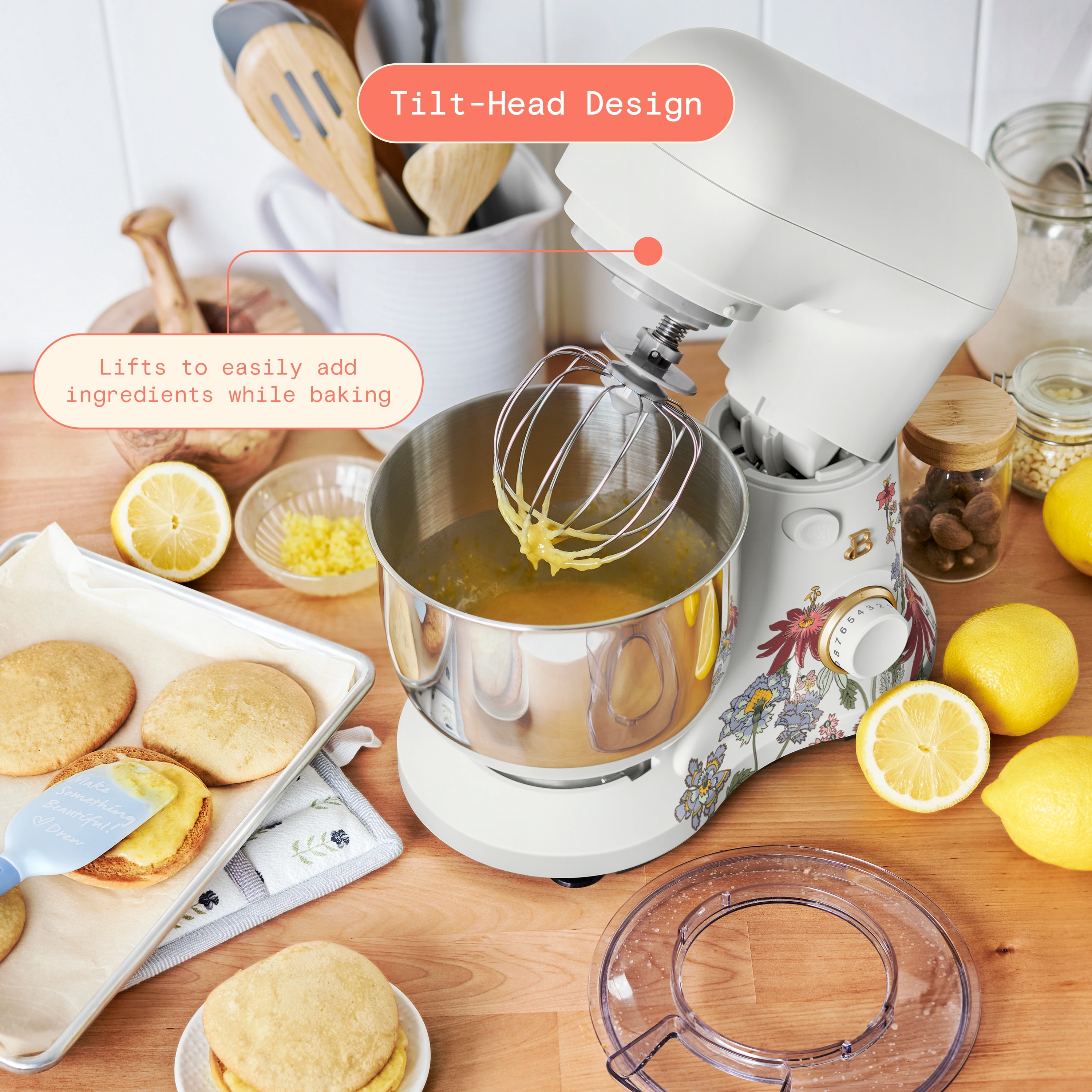 Beautiful 3.5 Qt Stand Mixer with Flat Beater, Dough Hook, Balloon Whisk, Wildflower White Icing by Drew Barrymore