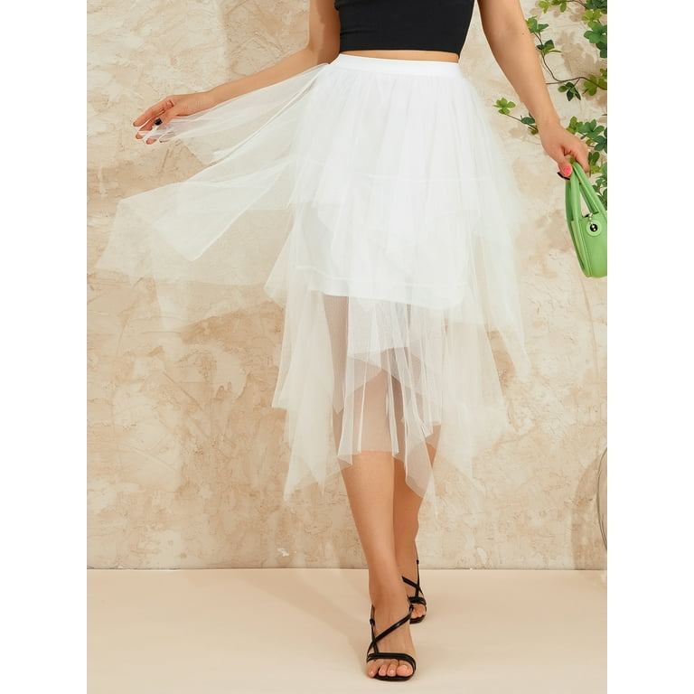 Licupiee Women Mesh Midi Skirt Irregular Multilayer Pleated High