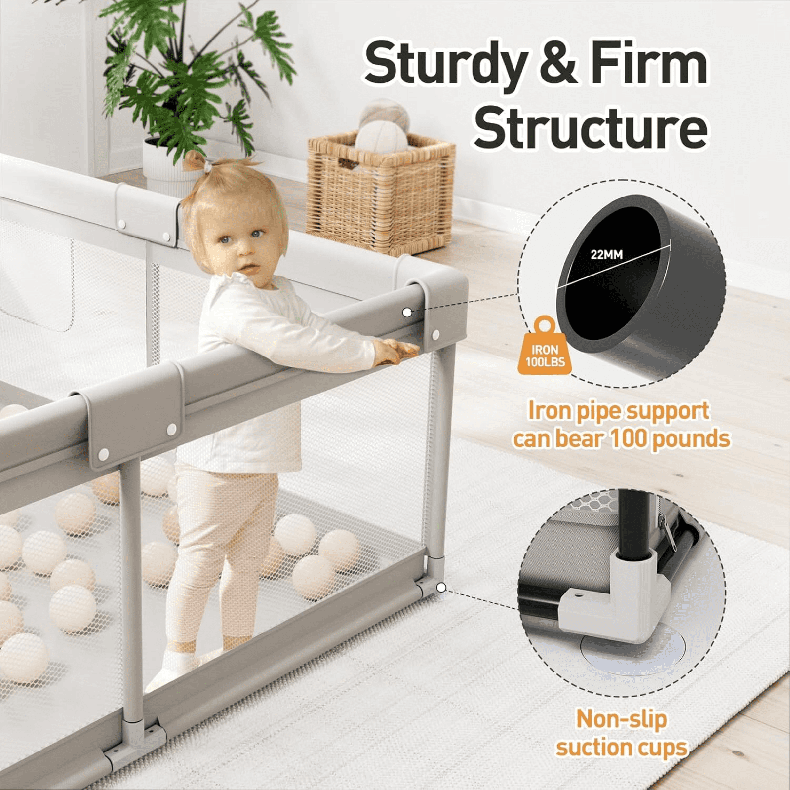 NimbleRest 46.5"x46.5" Large Baby Playpen Toddler Play Yards Safety Fence, Gray