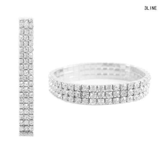 Clear Rhinestone Pave 3 Row Stretch Bracelet in Silver-Tone