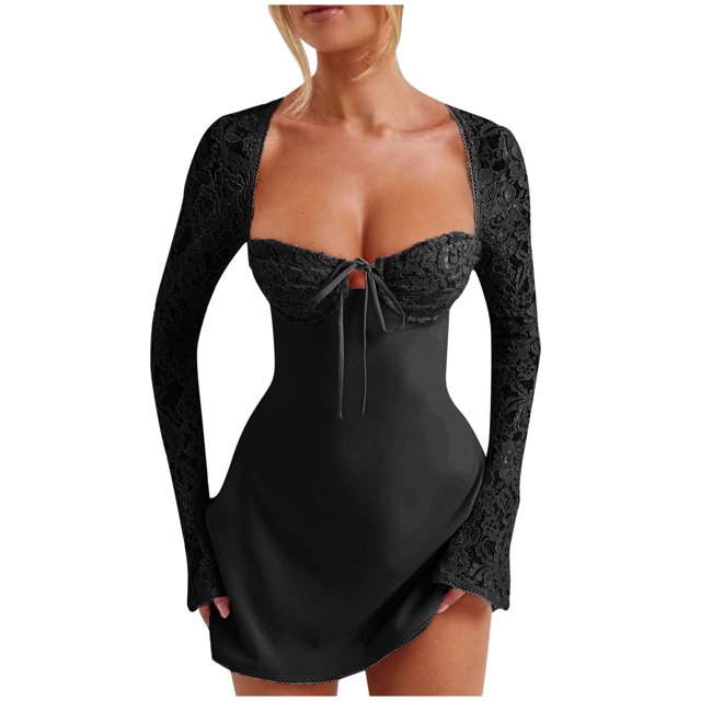 Vestido sexy de encaje sin espalda y manga larga con cuello en V y mangas acampanadas para mujer, estilo europeo, tallas S-M-L