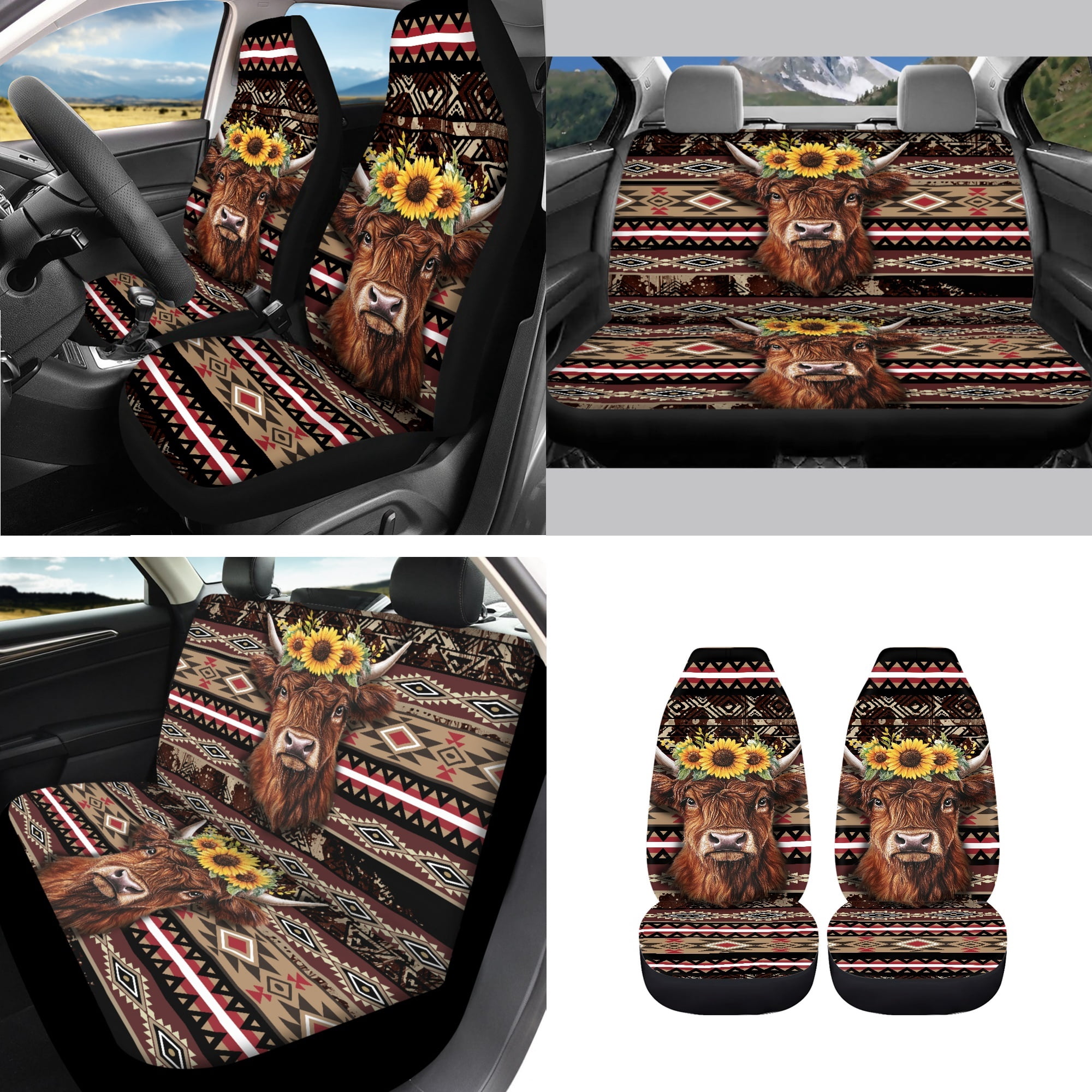 Jeiento Highland Cow Auto Accessories Set 14 Pcs Car Seat Cover Protector Steering Wheel Cover Seat Belt Covers Armrest Cushion Aztec Trash Can Rearview Mirror Protector Handbrake Cover Set Coasters