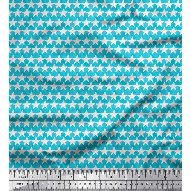 Soimoi Green Moss Georgette Fabric Texture & White Star Print Sewing Fabric Yard 42 Inch Wide