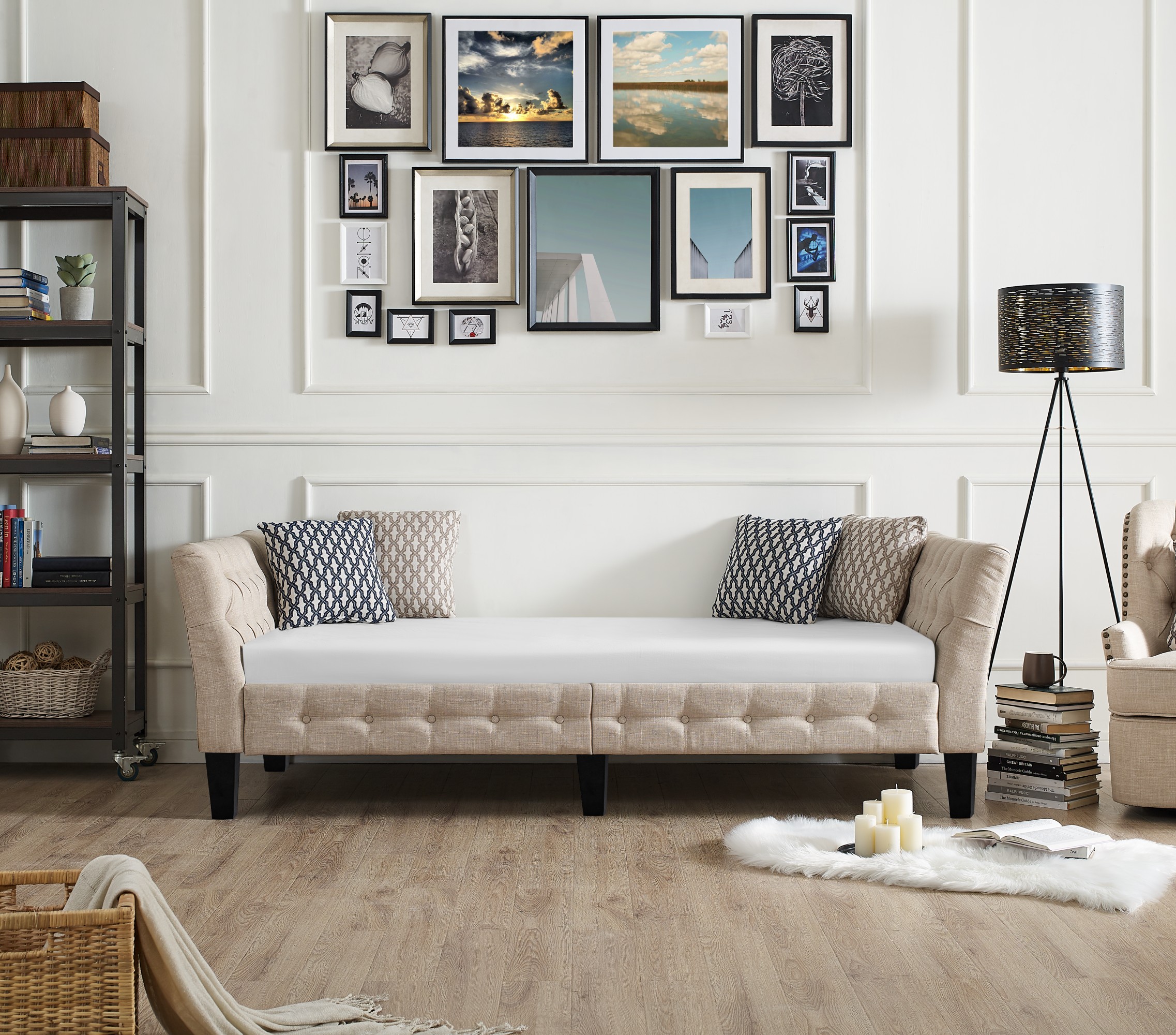 Gewnee Beige Twin Size Sofa Bed, Linen Upholstered with Solid Rubber Wood Legs for Living Room, Apartment, Guest Room