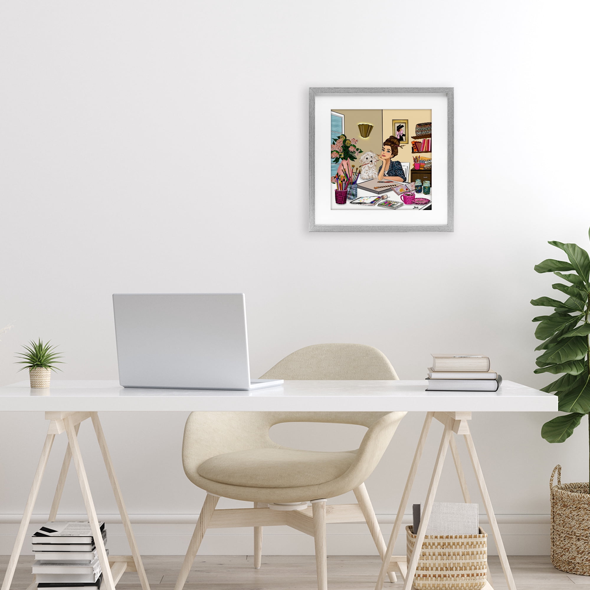 Stupell Industries Creative Art Girl at Desk Gray Framed Print Under Glass, design by Tara Boone