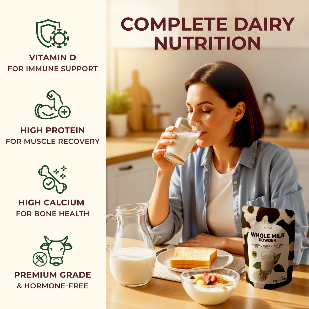 Gya Tea Co Whole Milk Powder - 1.1lb (17.64 Oz) - Pasture Raised Source, Non-GMO, Gluten Free - Shelf Stable Premium Grade Powdered Milk for Baking, Cooking, Smoothies - Rich in Protein & Calcium