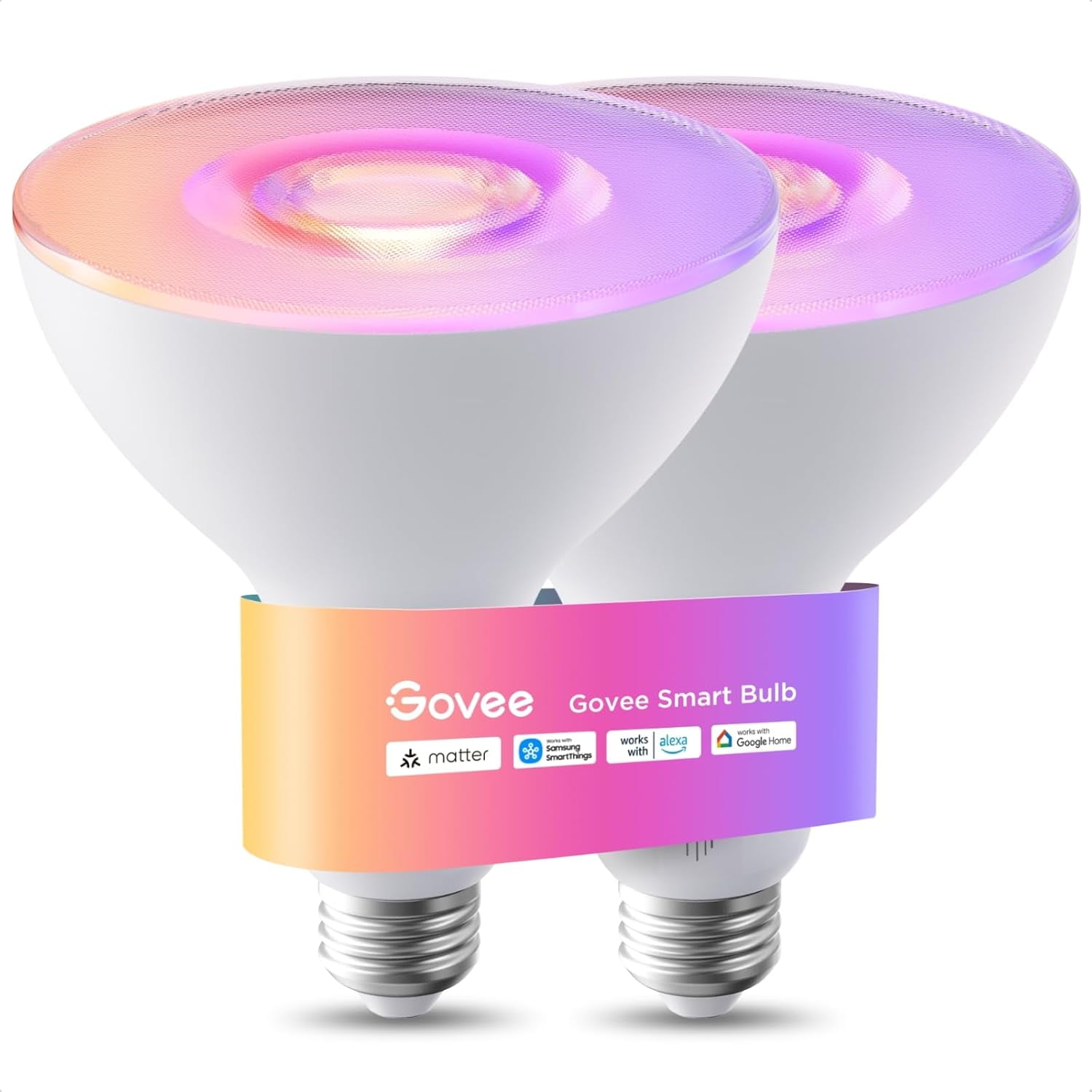 Govee PAR38 Flood Light Bulbs, 1300Lm Flood Lights Outdoor with IP65 Waterproof, Smart Light Bulbs Compatible with Alexa, Matter & SmartThings, RGBWW & Tunable White for Garage&Porch, E26 Base, 2 Pac