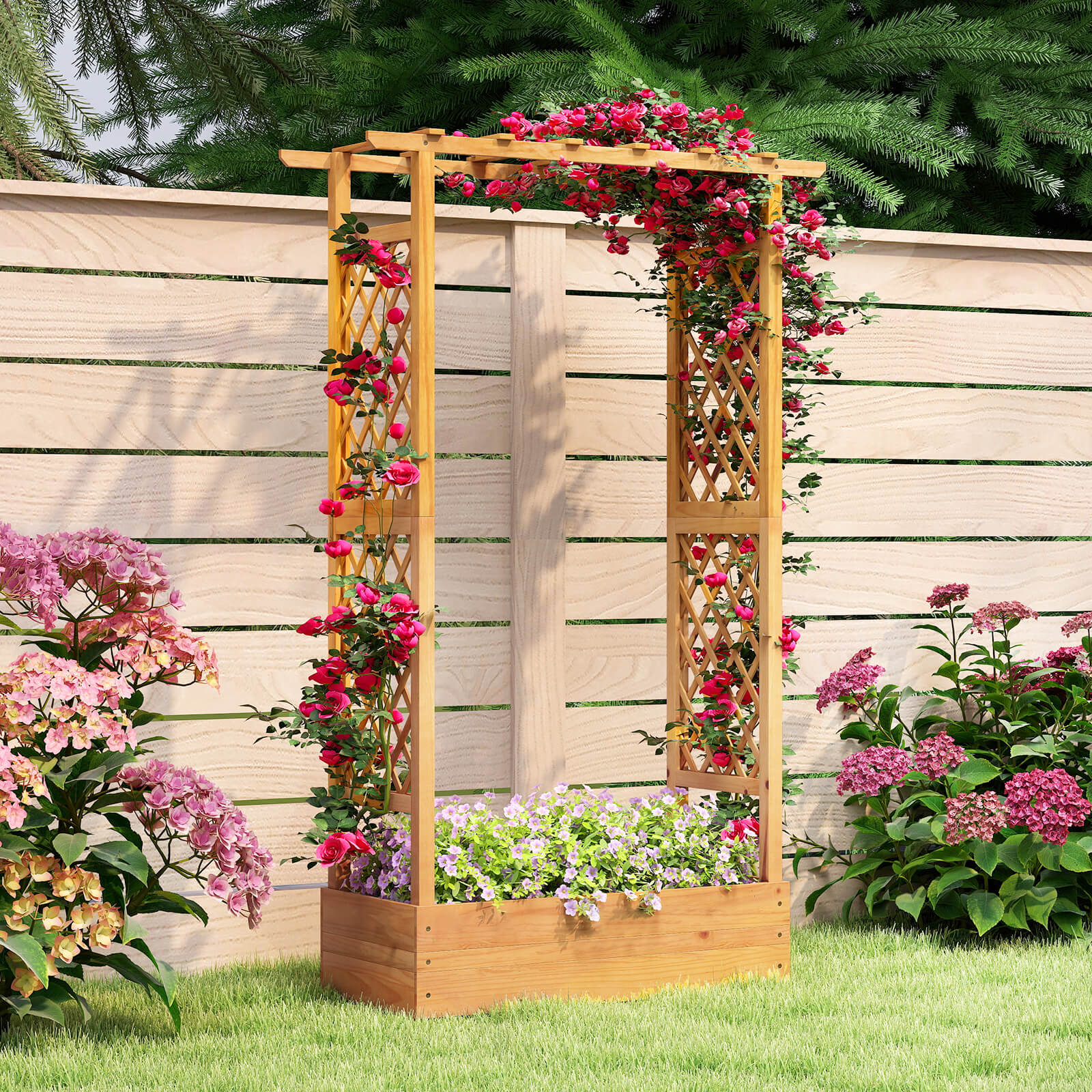 Costway 2 PCS 70” Wooden Raised Garden Bed with Lattice Trellis Hanging Roof Open-Ended Base