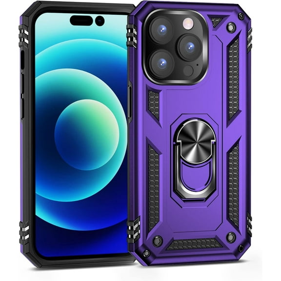 iPhone 14 Pro Phone Case, Extreme Protection Military Armor Dual Layer Protective Ring Kickstand Purple
