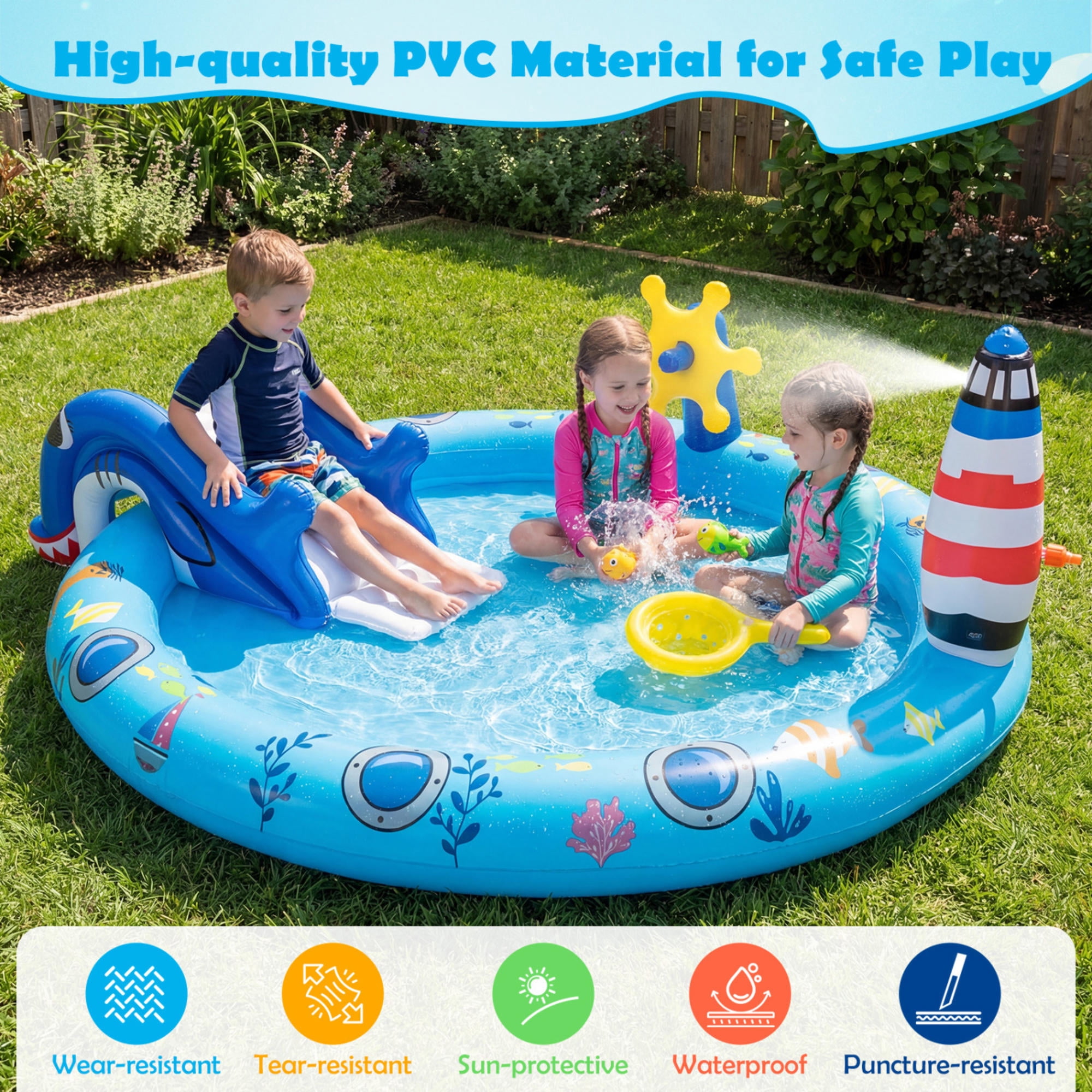 Inflatable Play Center Marine Life Spray Pool with Shark Slide, Lighthouse Sprinkler & Fishing Game, Outdoor Kids Water Play Pool for Toddlers 2-6 Years, Summer Backyard Fun