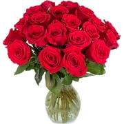 Arabella Bouquets 25 Stems of Fresh Cut Red Roses in a Free Elegant Hand-Blown Glass Vase