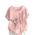thumbnail image 3 of QIUOMBBP Womens Casual Linen Shirts Short Sleeve Plus Size Crew Neck Floral Print Tops Loose Lightweight Summer Holiday Tees Pink S, 3 of 6