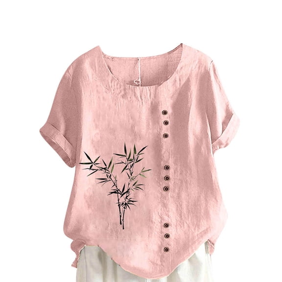 UPPADA Summer Cotton Linen Shirts for Women Short Sleeve Crewneck Vintage Blosues Dressy Floral Print Tunic Tops Casual Loose Fit Shirt Pink,L