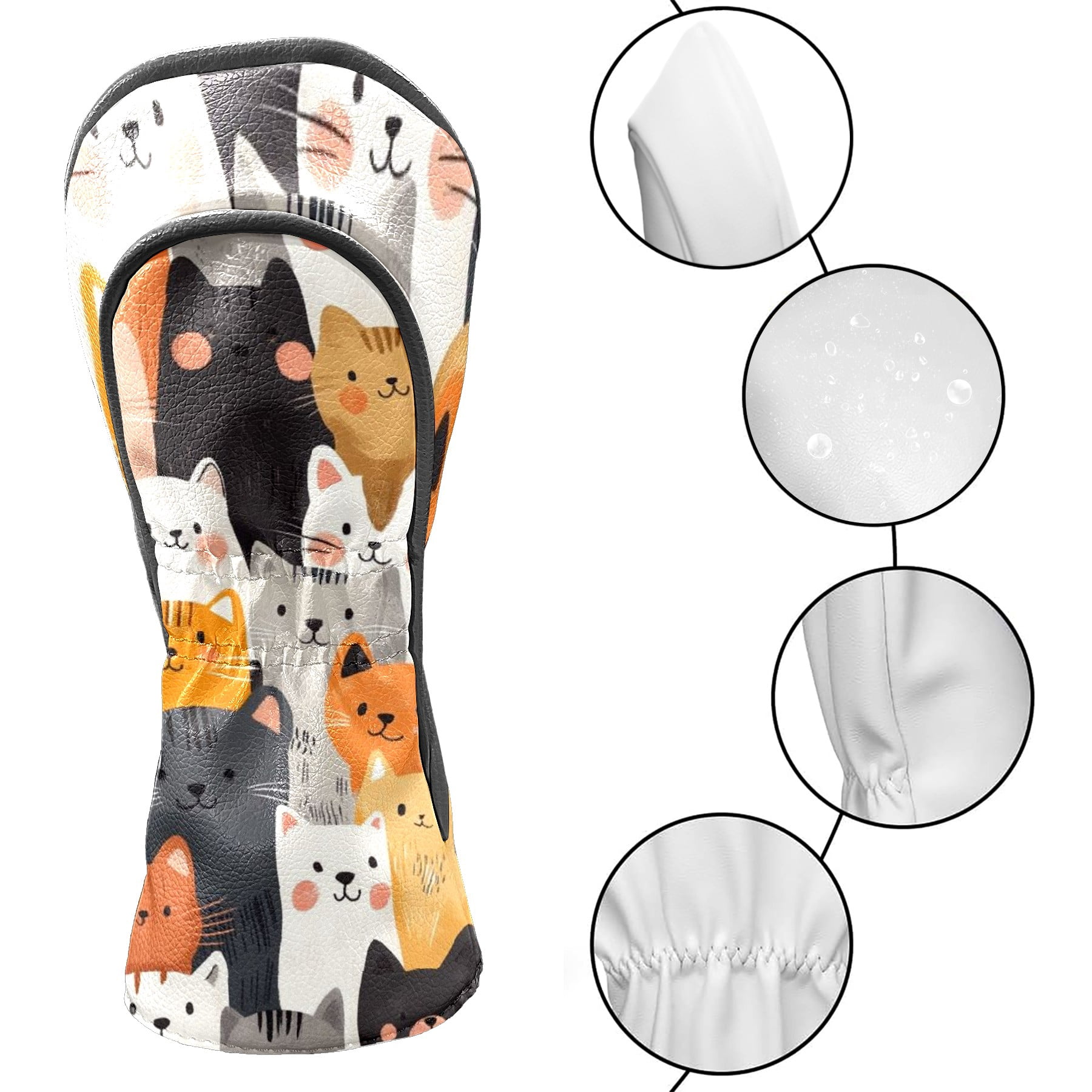 Golf Club Head Covers - Multi-Colored Cat Design, PU Leather, Waterproof, Fits Fairway Woods/Hybrid, Unisex, Fits Most Brands