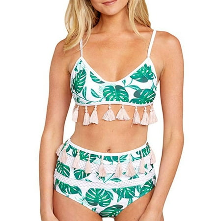 Mesh Bikini Set S-XL Ladies Women Two Piece Swimwear Swimsuit Sexy High Waist Bikini Set Beachwear Stripes Tassel Mesh Halter Push Up Padded Bra Backless Swimming Costumes Bathing Suit Plus Size ()