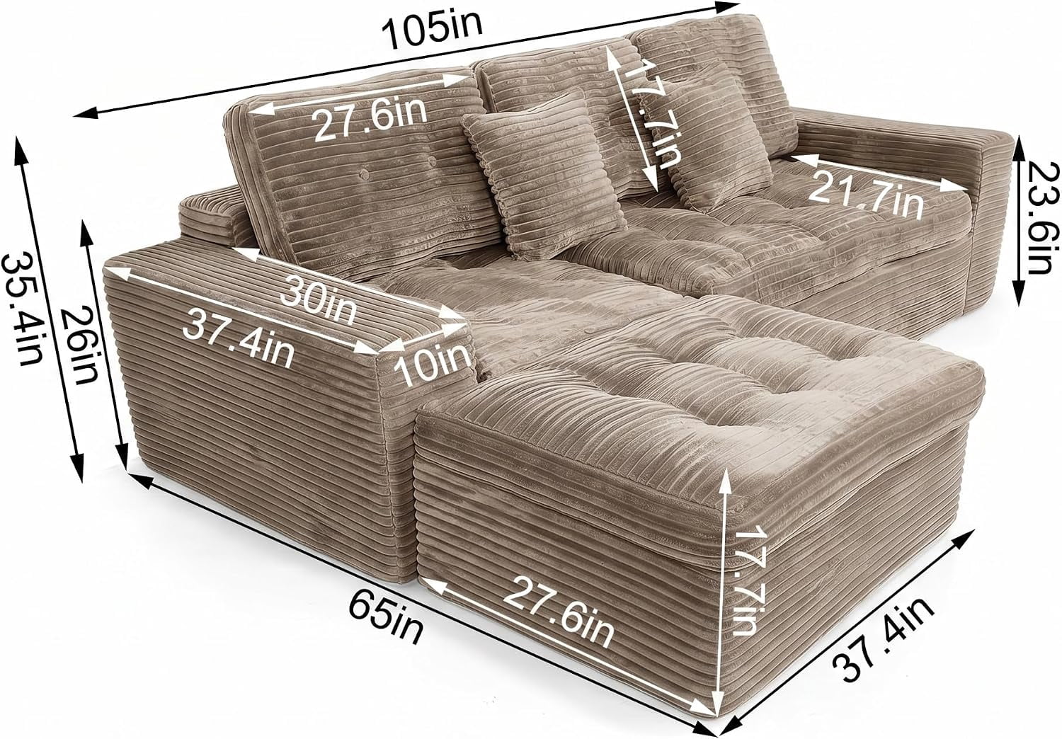 105" Modular Cloud Sectional Sofa with Ottoman, Faux Rabbit Fur Velvet, No Assembly Required, Khaki