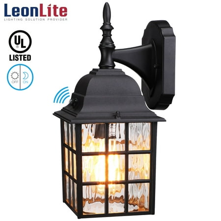 LEONLITE Outdoor Dusk to Dawn Wall Lantern, Photocell Included, UL Listed, Water Ripple Glass Exterior Wall Sconce, E26 Base Bulb Compatible, Wet Location Porch Light, Entryway, Doorway, Black