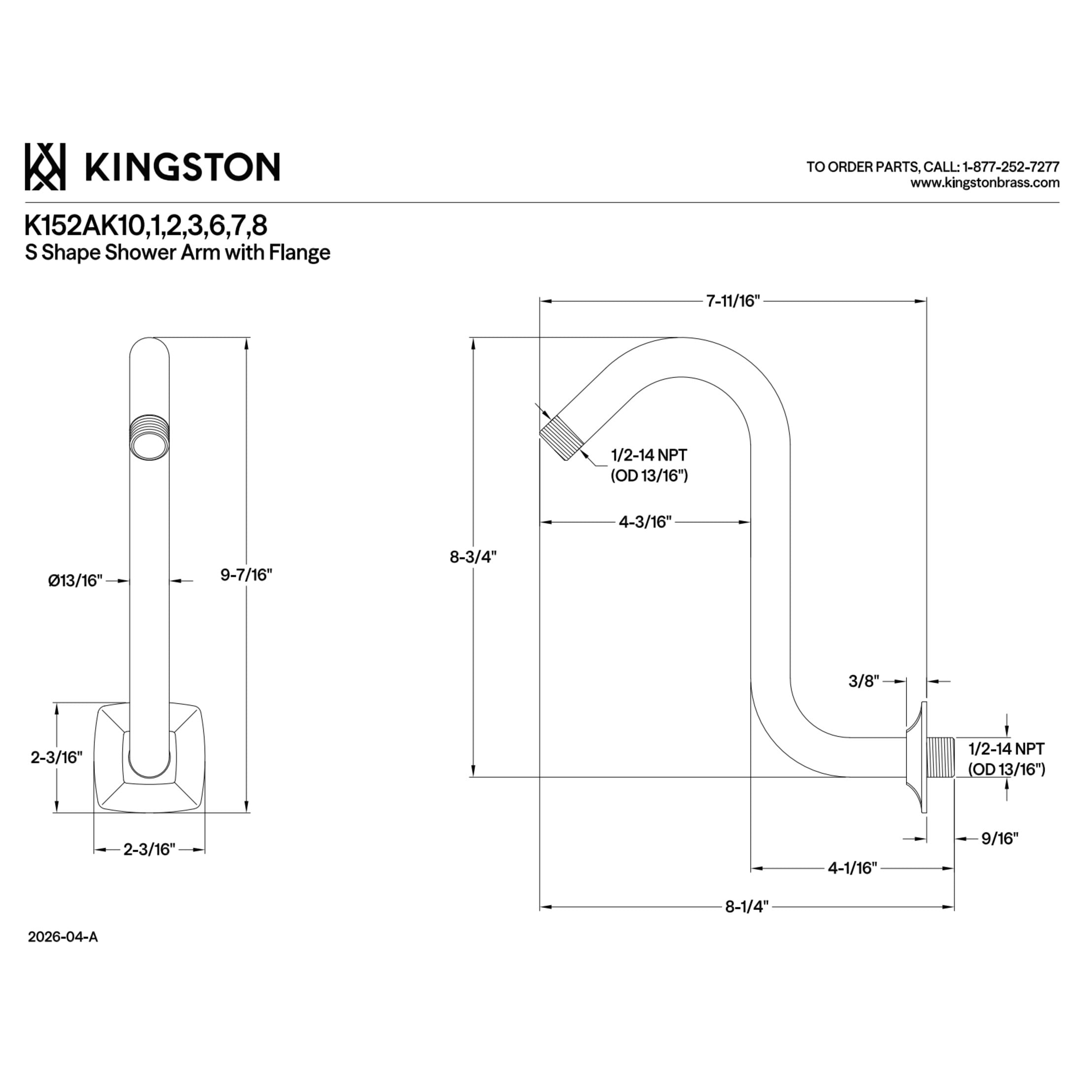 Kingston K152AK11 Gehry S-Shape Shower Arm with Square Flange, Polished Chrome