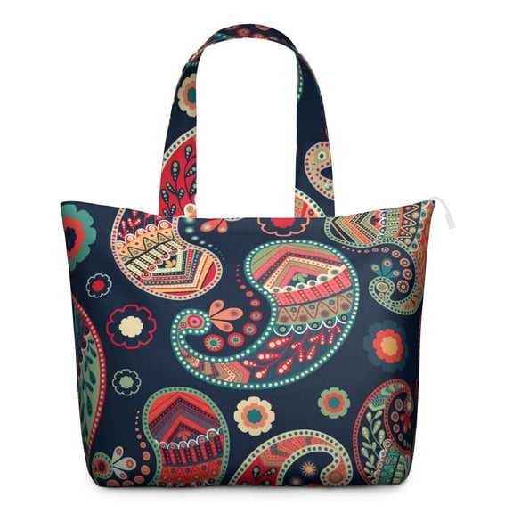 Chic Bohemian Vintage Print Large Capacity Tote Bag with Zipper Closure & Interior Pockets