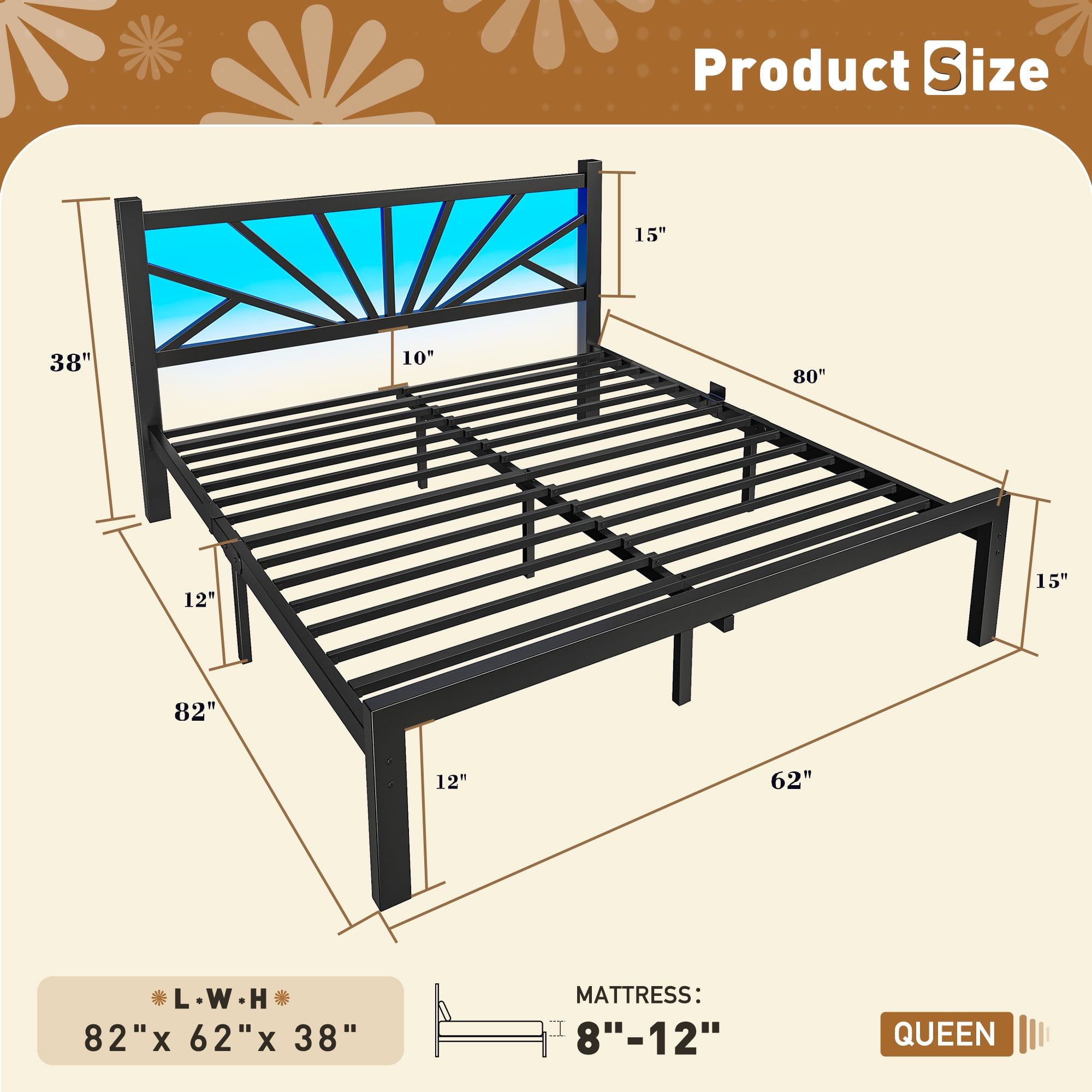 EnHomee Queen Size Metal Bed Frame with Headboard Metal Platform Bed Frame with LED Lights Bed Frame Queen with Storage Underbed, Noise Free, No Box Spring, Black