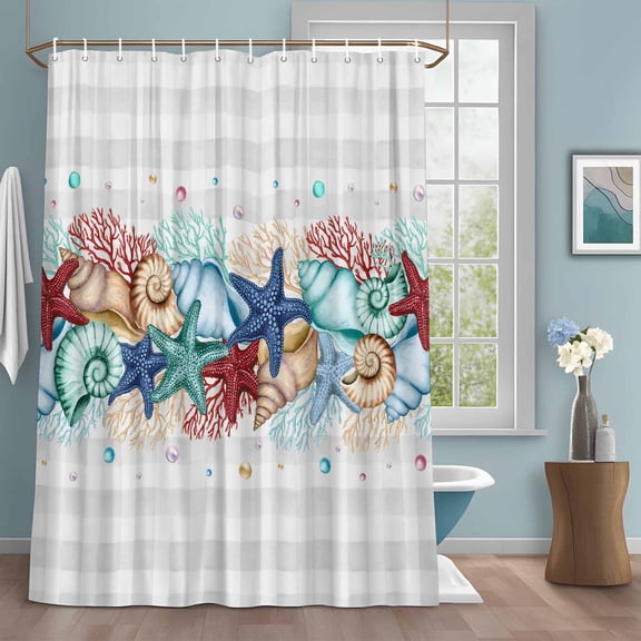 Summer Marine Shower Curtains for Bathroom, Life Beach Starfish Shell Coral Grey Plaid Washable Fabric Shower Curtain with Hooks Waterproof Bathroom Decor Sets, 72 x 78 Inches