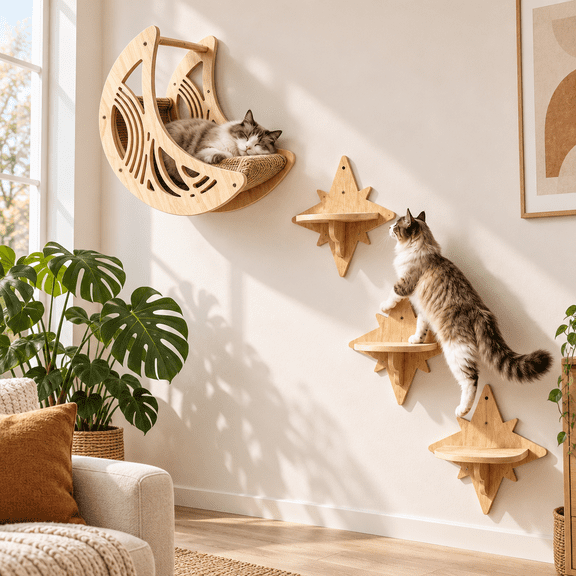 Brencavio 4 Pieces Solid Wood Wall Cat Shelves, Star-Moon Shaped Cat Shelf Set, Space-Saving Shelves for Indoor Cats, Brown