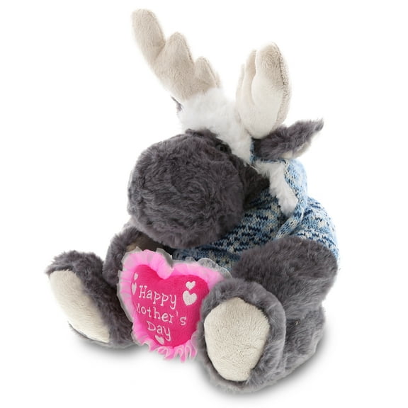 DolliBu Happy Mother's Day Super Soft Plush Grey Moose With Clothes - Cute Stuffed Animal with Pink Heart Message for Best Mommy, Grandma, Wife, Daughter - Cute Wild Life Plush Toy Gift - 13" Inches