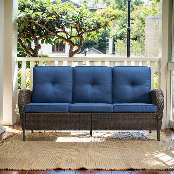 PARKWELL Outdoor 3 Seats Couch Patio Sofa Furniture, All-Weather Wicker Rattan Sofa with Cushions,Blue