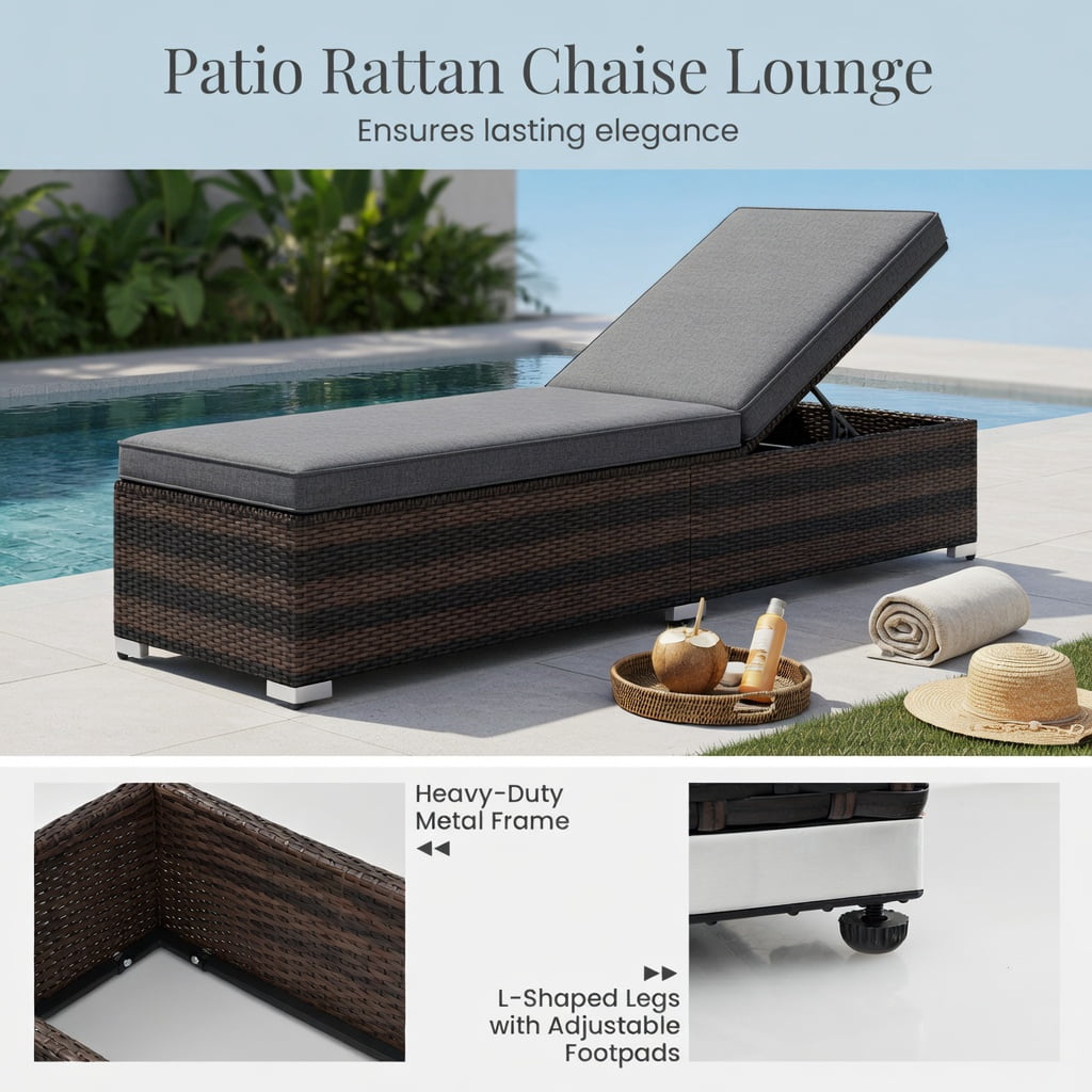 Hommoo Outdoor Wicker Lounge Chair with Adjustable 4-Position Backrest, Extra-Long Gray Cushion & Heavy-Duty Steel Frame, PE Rattan Patio Seating, Brown