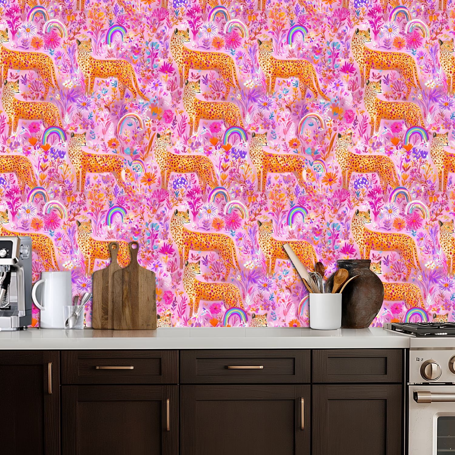 Cheetah Peel and Stick Wallpaper 17.7in x 9.8ft Leopard Print Vibrant Floral Pink Garden Rainbows Contact Paper Vinyl Waterproof Self Adhesive Wall Paper for Bedroom Shelf Cabinet Renter Friendly