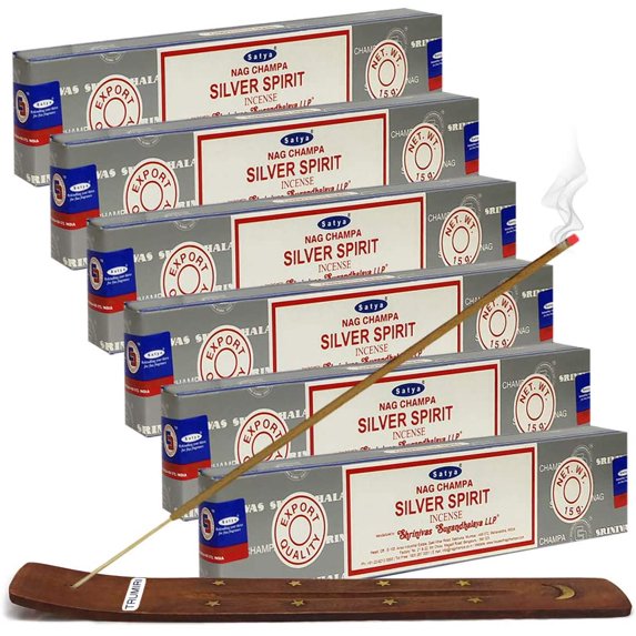 Trumiri Incense Stick Holder Bundle with Satya Nag Champa Silver Spirit 15g Incense Sticks - Pack of 6 (approx 90 Sticks)