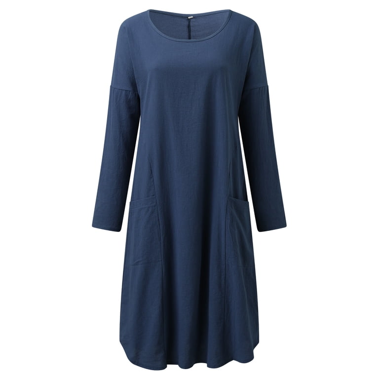 Valora Women's Casual Tennis Dress Neutral Knee Length Boatneck Solid Color with Pocket Tops for Everyday Wear Blue L, Size: Large