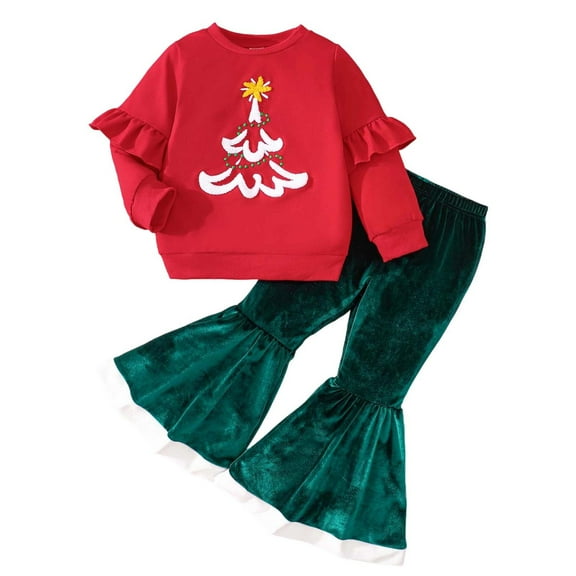 FAOWME Big Girls Christmas Outfits Long Sleeve Round Neck Christmas Tree Print Tops And Flared Pants Fashion Comfortable Sets For Party Red 4-5 Years