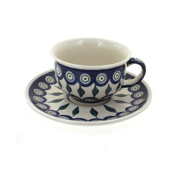 Blue Rose Polish Pottery Peacock Cup & Saucer