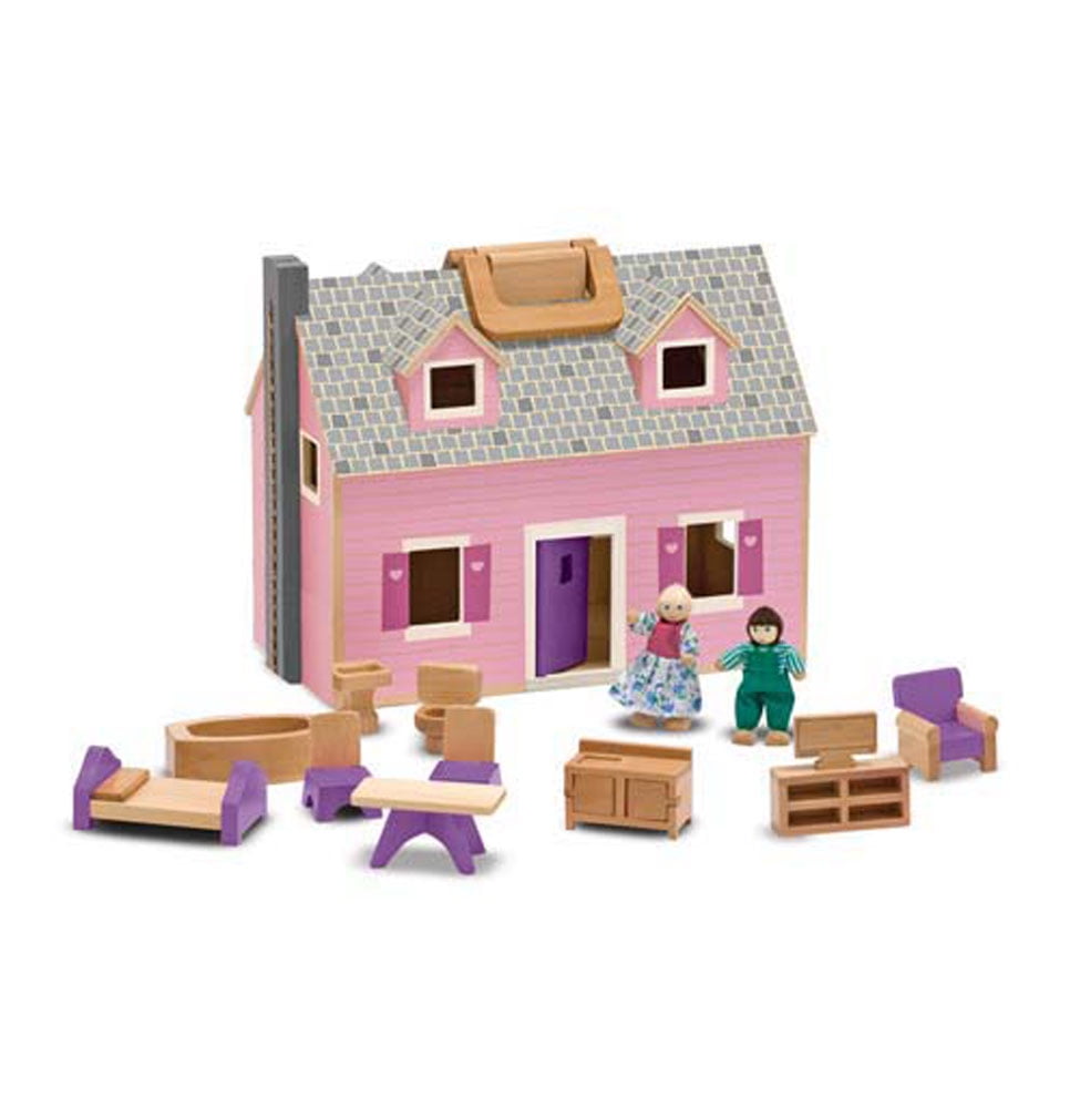Melissa & Doug Fold and Go Wooden Dollhouse With 4 Dolls and Wooden